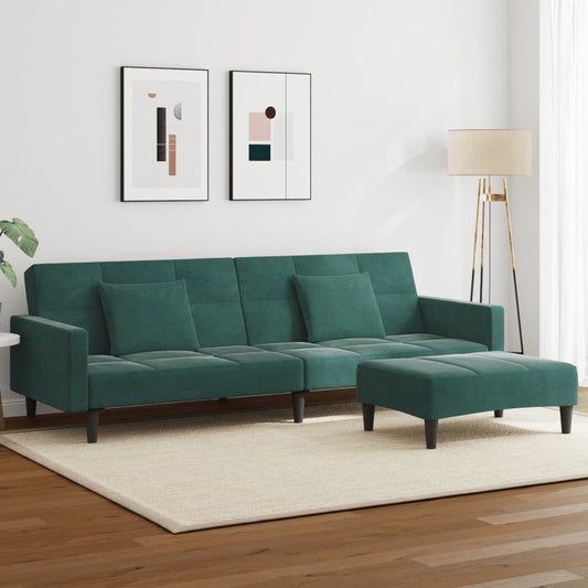 Sofá-cama 2 lugares c/ apoio de pés veludo verde-escuro