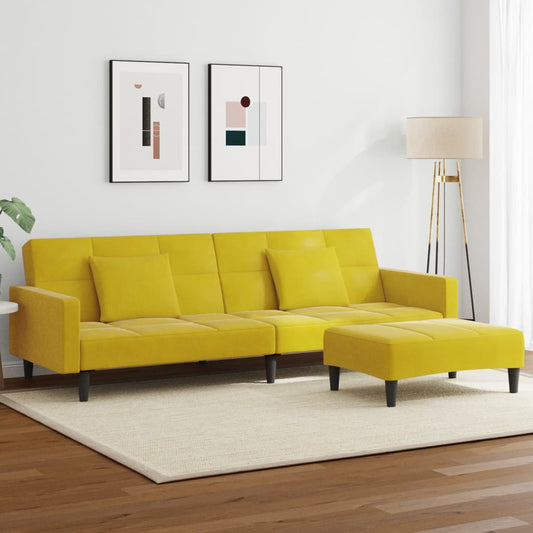 Sofá-cama 2 lugares c/ apoio de pés veludo amarelo