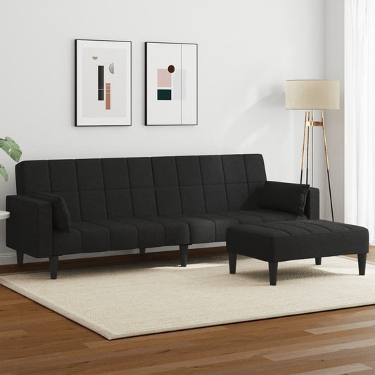 Sofá-cama de 2 lugares com apoio de pés tecido preto