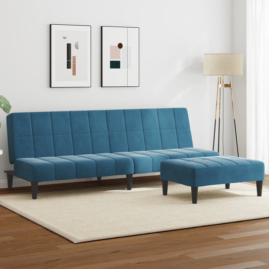 Sofá-cama 2 lugares c/ apoio de pés veludo azul