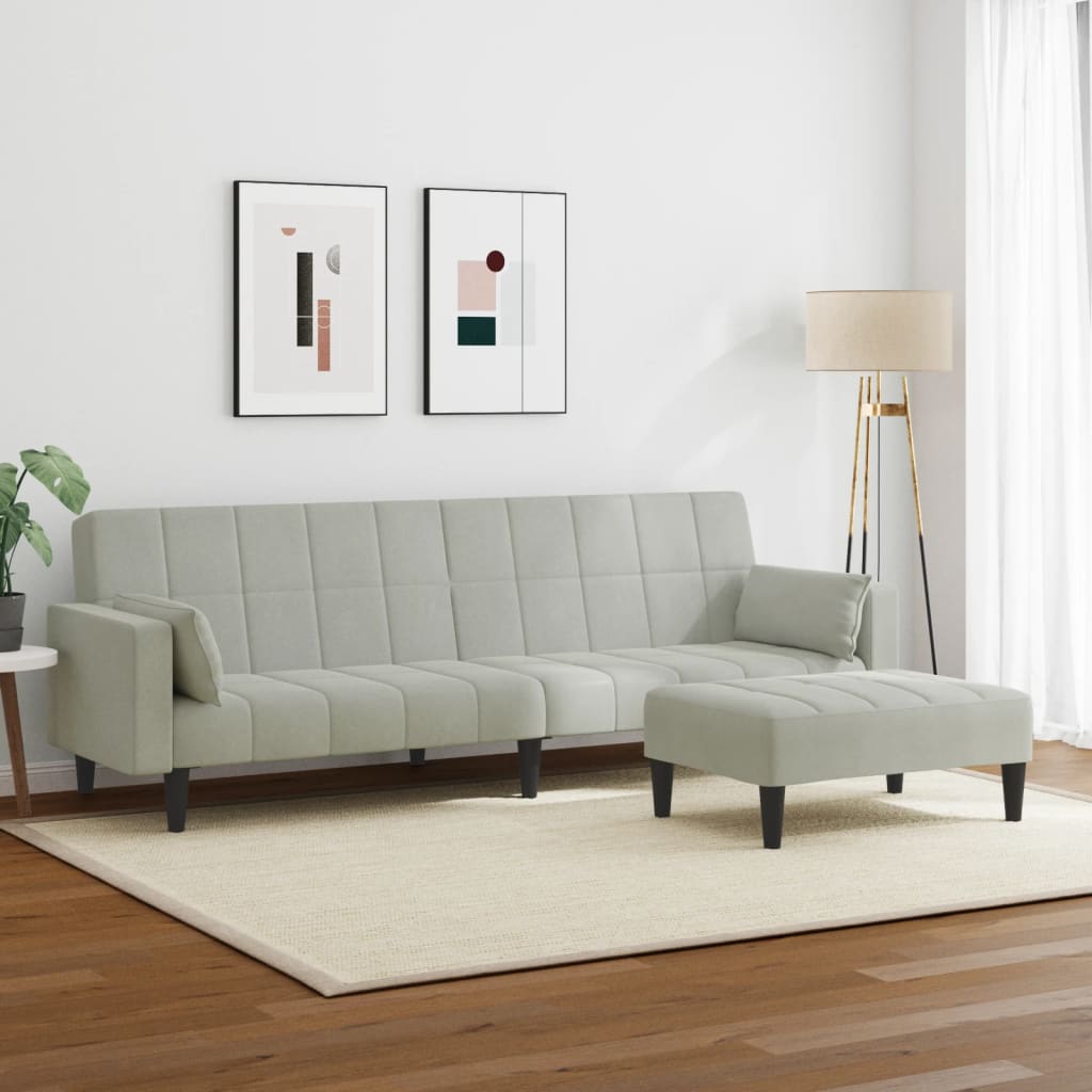 Sofá-cama 2 lugares c/ apoio de pés veludo cinza-claro