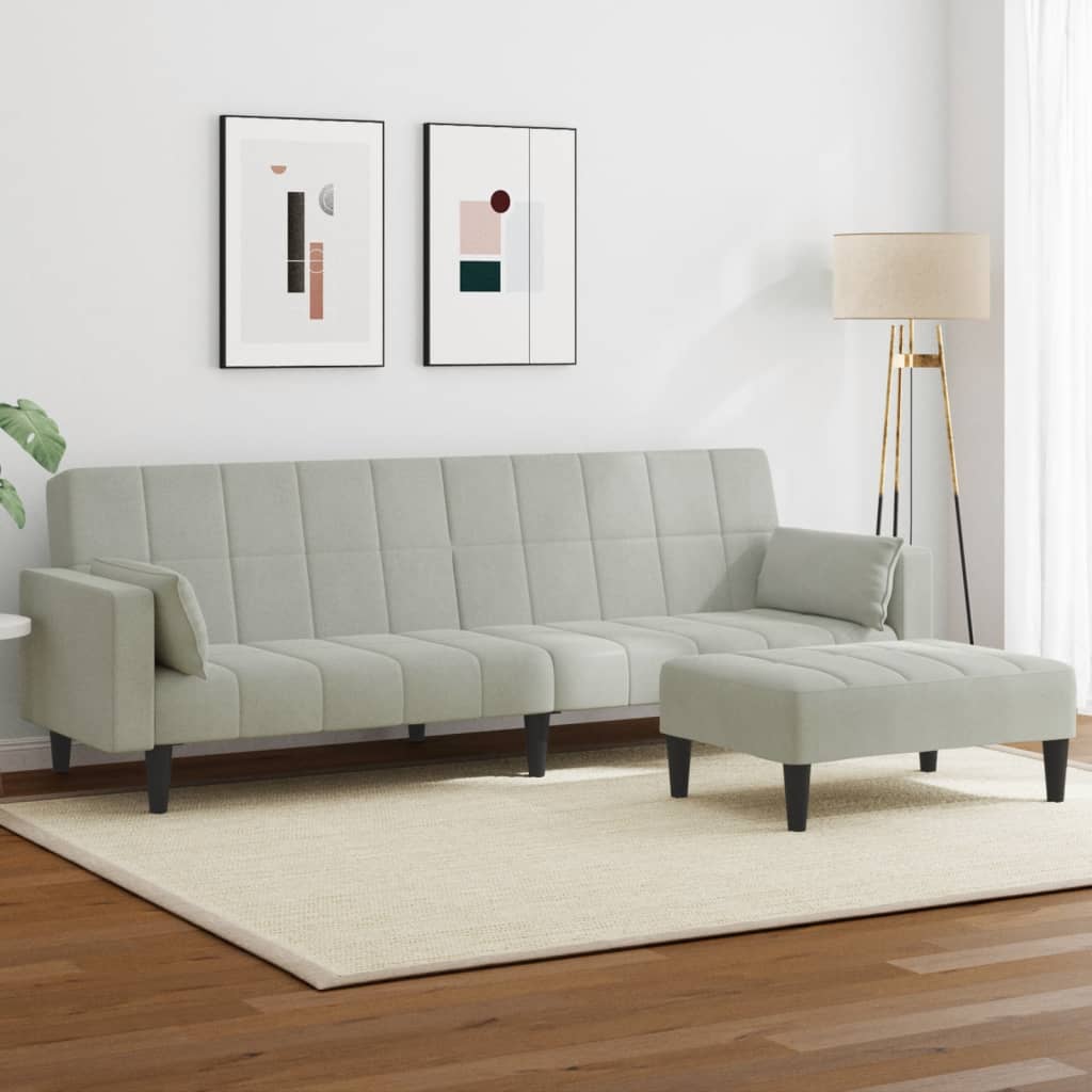 Sofá-cama 2 lugares c/ apoio de pés veludo cinza-claro