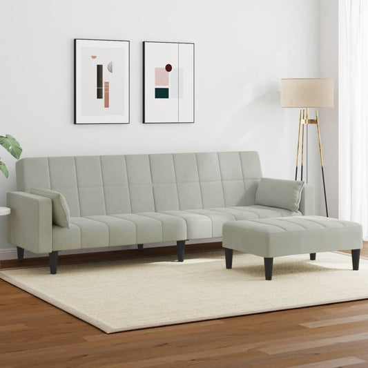 Sofá-cama 2 lugares c/ apoio de pés veludo cinza-claro