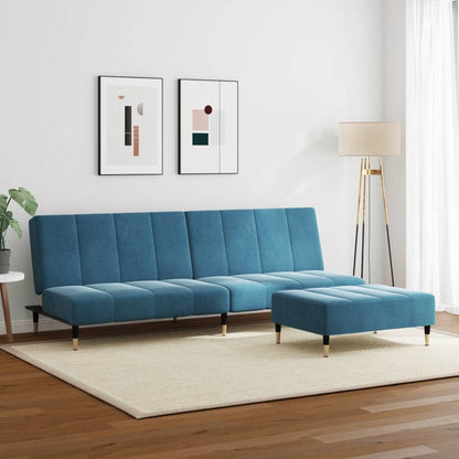Sofá-cama 2 lugares c/ apoio de pés veludo azul