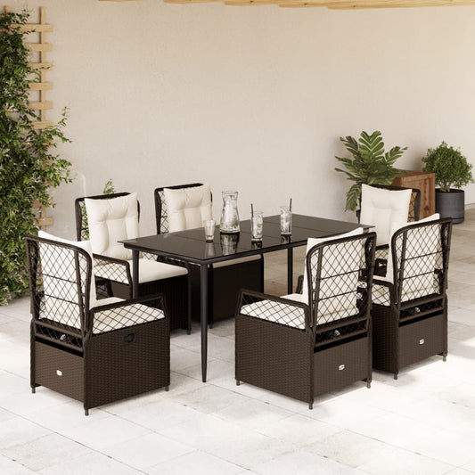 7 pcs conjunto jantar p/ jardim c/ almofadões vime PE castanho