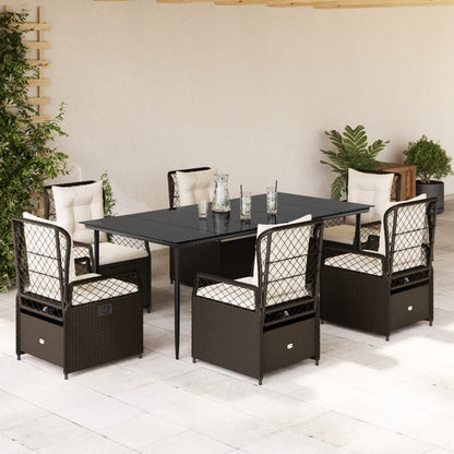 7 pcs conjunto jantar p/ jardim c/ almofadões vime PE castanho