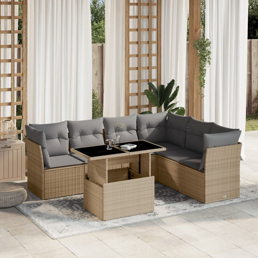 7 pcs conjunto de sofás p/ jardim com almofadões vime PE bege