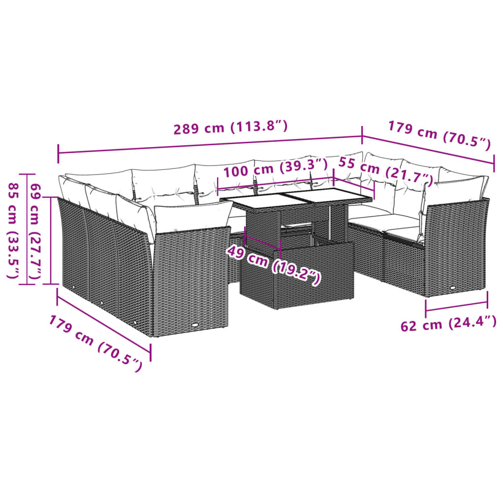 10 pcs conjunto de sofás p/ jardim com almofadões vime PE bege