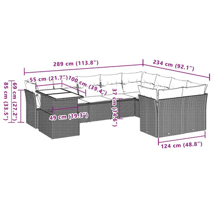10 pcs conjunto sofás de jardim c/ almofadões vime PE preto