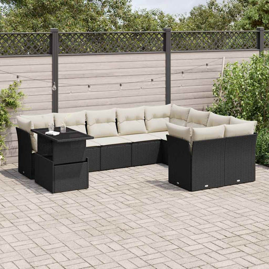 10 pcs conjunto sofás de jardim c/ almofadões vime PE preto