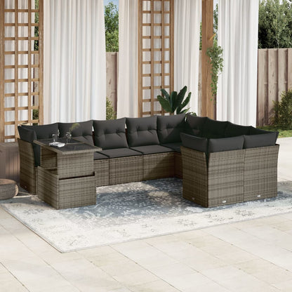 10 pcs conjunto sofás de jardim c/ almofadões vime PE cinzento