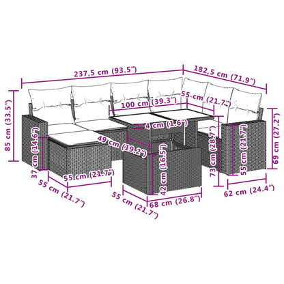 8 pcs conjunto sofás de jardim c/ almofadões vime PE castanho