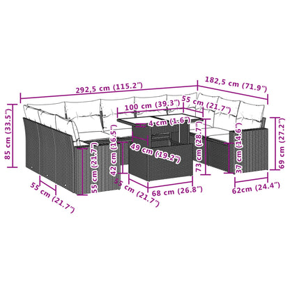 10 pcs conjunto sofás de jardim c/ almofadões vime PE cinzento