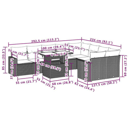 10 pcs conjunto sofás de jardim c/ almofadões vime PE preto