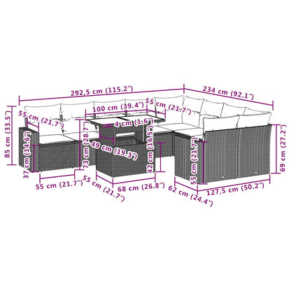 10 pcs conjunto sofás de jardim c/ almofadões vime PE preto