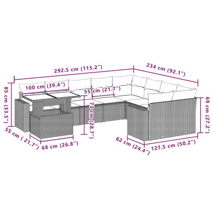 10 pcs conjunto de sofás p/ jardim com almofadões vime PE bege