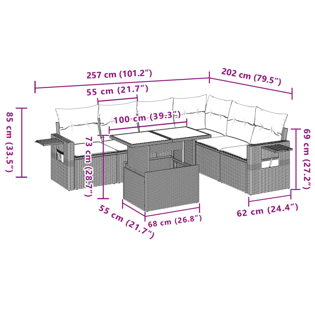 7 pcs conjunto de sofás p/ jardim com almofadões vime PE bege
