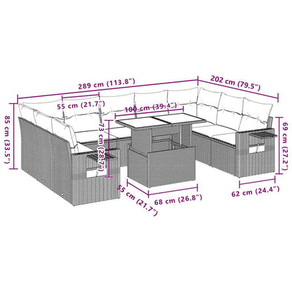 10 pcs conjunto sofás de jardim c/ almofadões vime PE preto