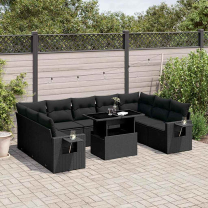 10 pcs conjunto sofás de jardim c/ almofadões vime PE preto