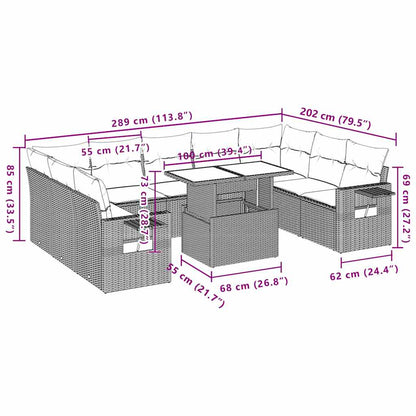 10 pcs conjunto sofás de jardim c/ almofadões vime PE preto