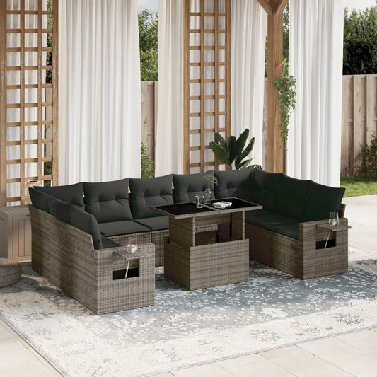 10 pcs conjunto sofás de jardim c/ almofadões vime PE cinzento