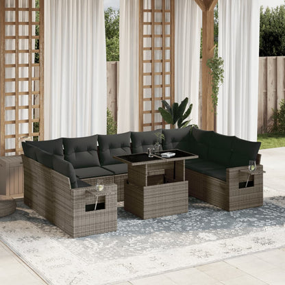 10 pcs conjunto sofás de jardim c/ almofadões vime PE cinzento