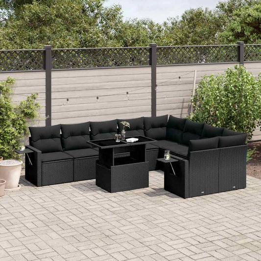 10 pcs conjunto sofás de jardim c/ almofadões vime PE preto