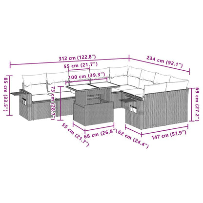 10 pcs conjunto sofás de jardim c/ almofadões vime PE preto
