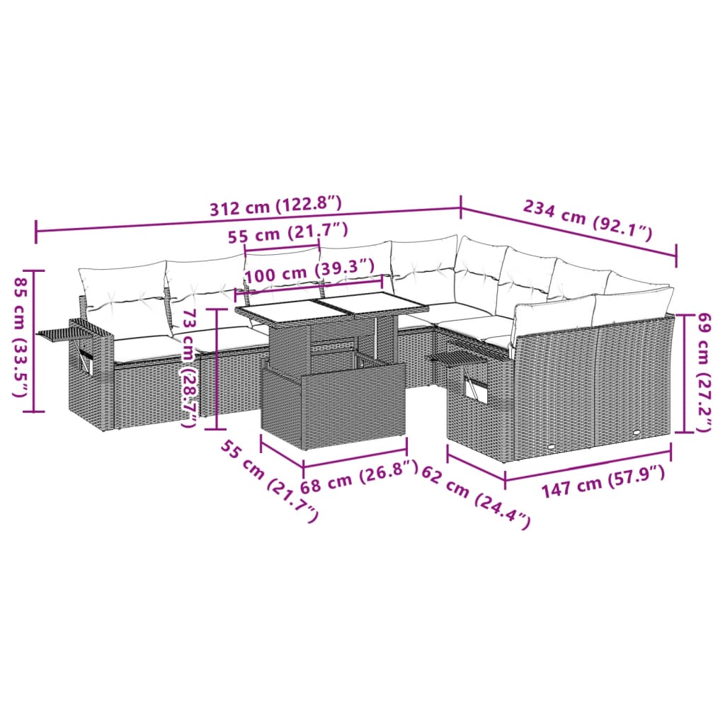 10 pcs conjunto de sofás p/ jardim com almofadões vime PE bege