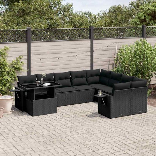 10 pcs conjunto sofás de jardim c/ almofadões vime PE preto