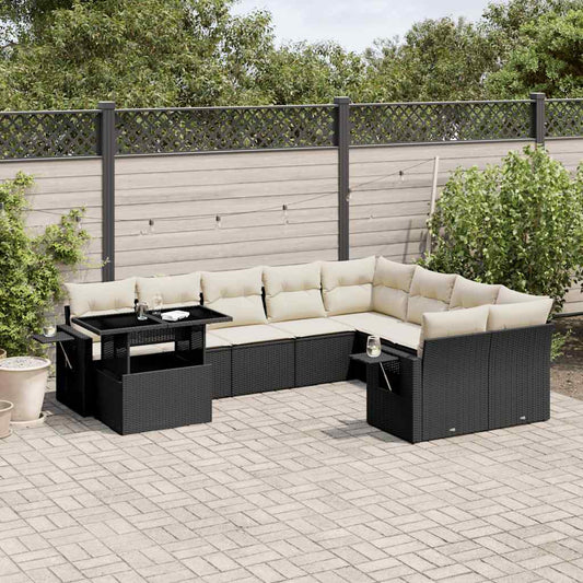 10 pcs conjunto sofás de jardim c/ almofadões vime PE preto