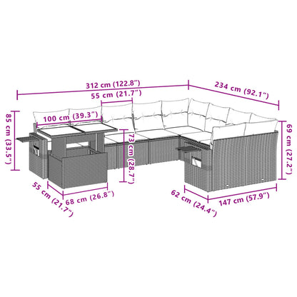 10 pcs conjunto de sofás p/ jardim com almofadões vime PE bege