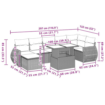 8 pcs conjunto sofás de jardim c/ almofadões vime PE castanho