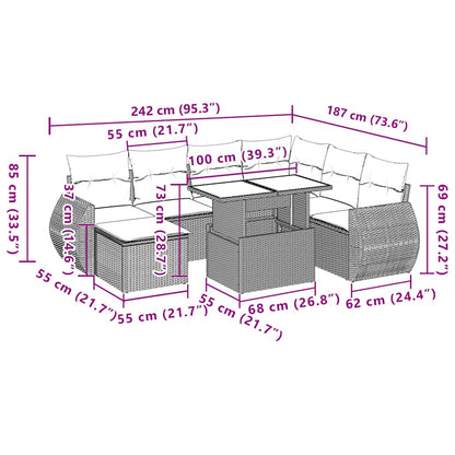 8 pcs conjunto sofás de jardim c/ almofadões vime PE castanho