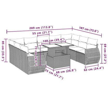 10 pcs conjunto sofás de jardim c/ almofadões vime PE preto