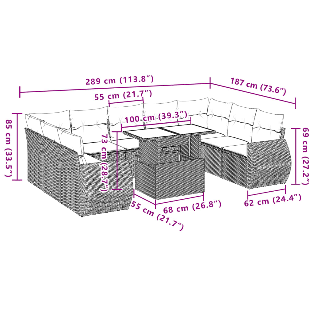 10 pcs conjunto sofás de jardim c/ almofadões vime PE preto
