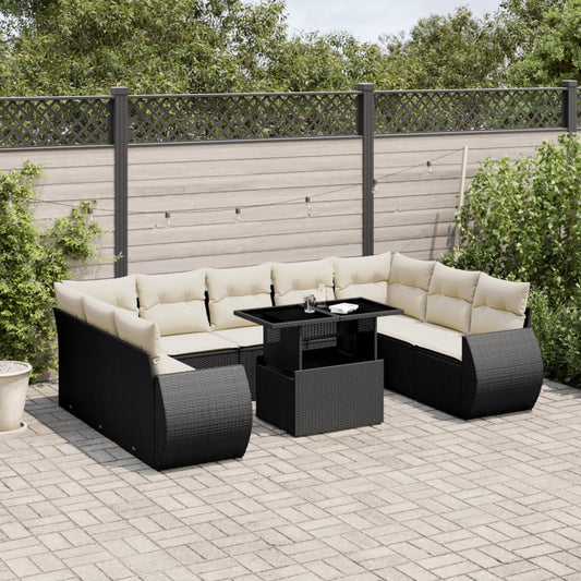 10 pcs conjunto sofás de jardim c/ almofadões vime PE preto
