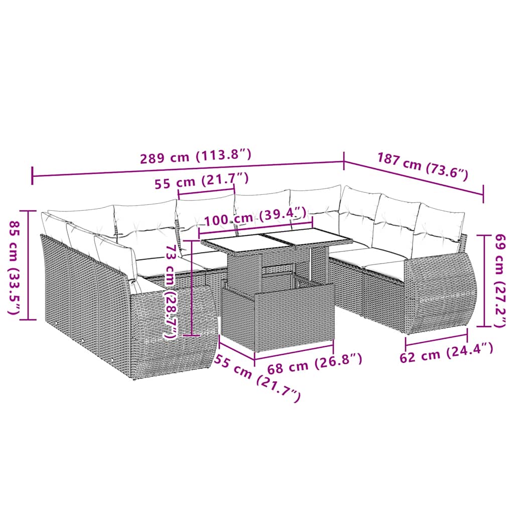 10 pcs conjunto de sofás p/ jardim com almofadões vime PE bege