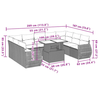10 pcs conjunto sofás de jardim c/ almofadões vime PE cinzento