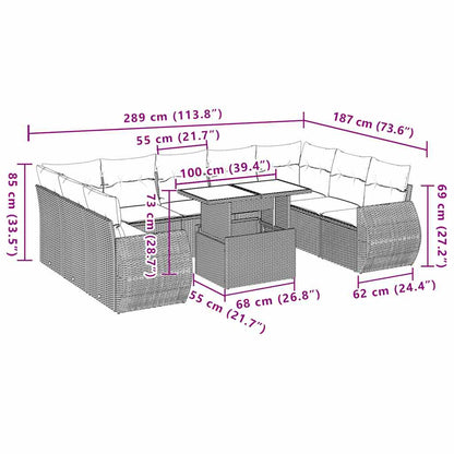 10 pcs conj. sofás jardim com almofadões vime PE cinzento-claro