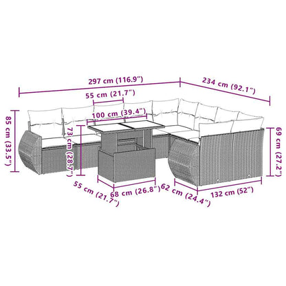 10 pcs conjunto sofás de jardim c/ almofadões vime PE preto