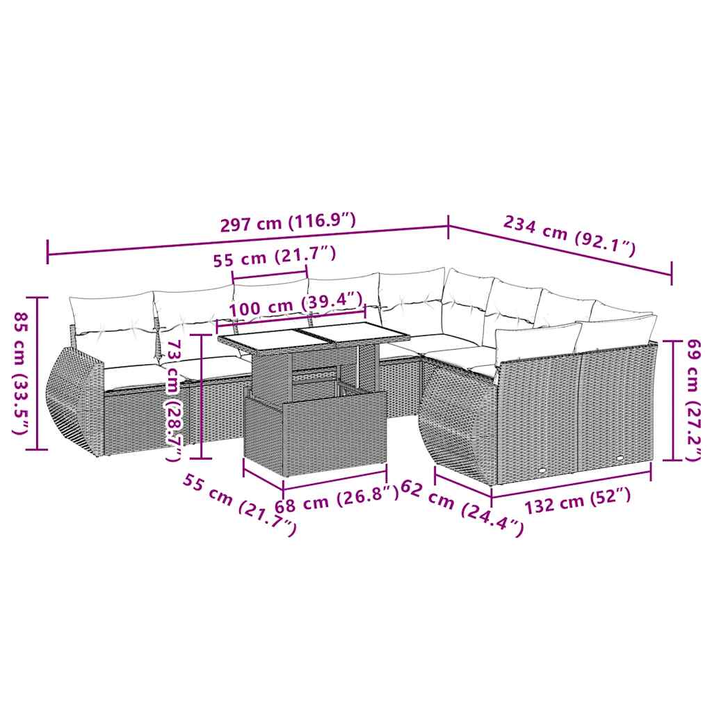 10 pcs conjunto de sofás p/ jardim com almofadões vime PE bege