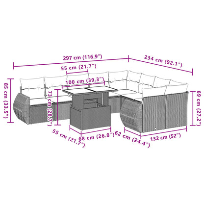 10 pcs conjunto de sofás p/ jardim com almofadões vime PE bege