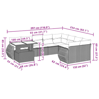 10 pcs conjunto de sofás p/ jardim com almofadões vime PE bege