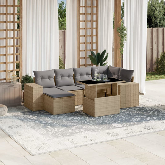 7 pcs conjunto de sofás p/ jardim com almofadões vime PE bege