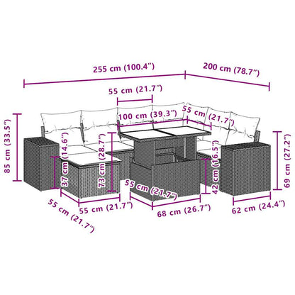8 pcs conjunto sofás de jardim c/ almofadões vime PE castanho