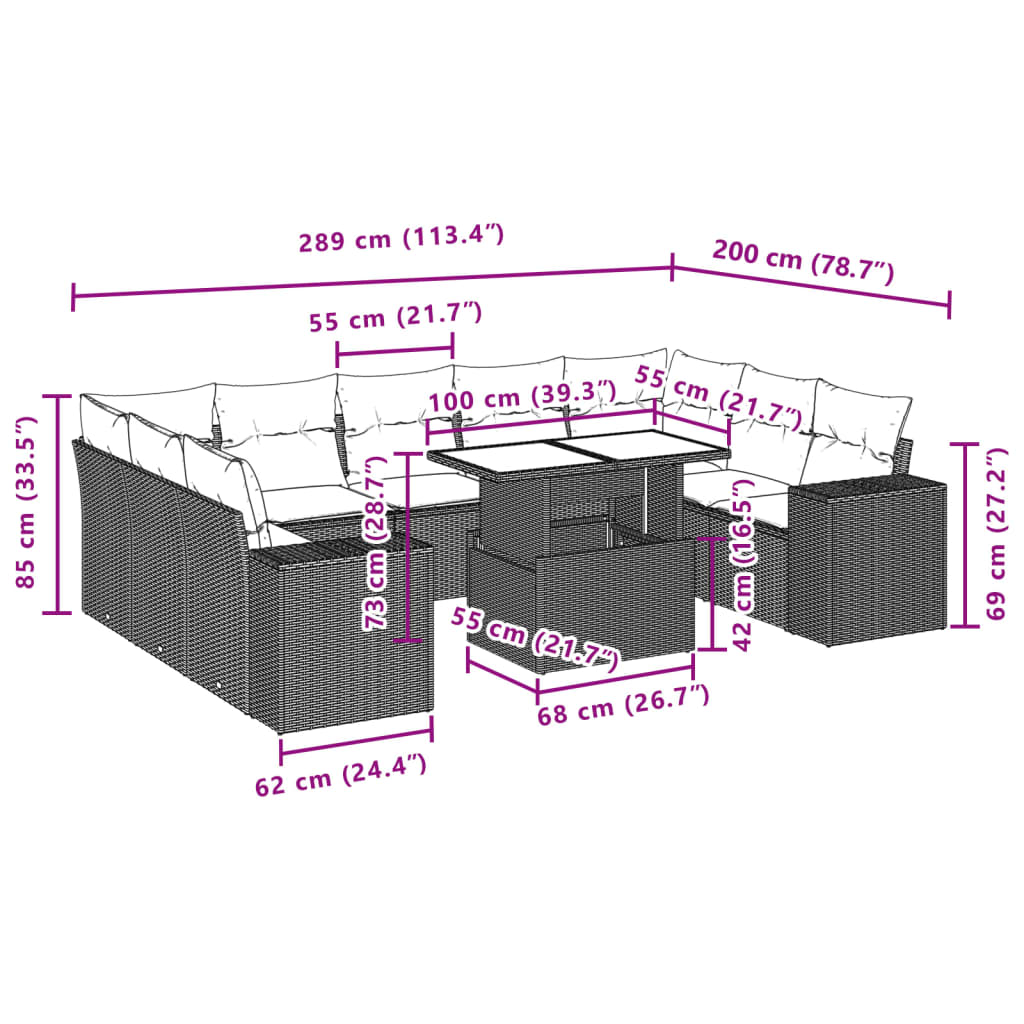 10 pcs conjunto de sofás p/ jardim com almofadões vime PE bege