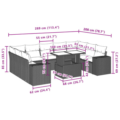 10 pcs conjunto de sofás p/ jardim com almofadões vime PE bege