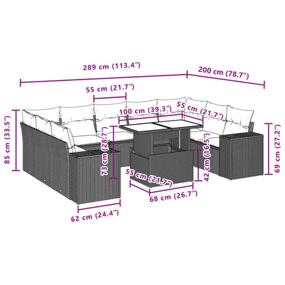 10 pcs conjunto sofás de jardim c/ almofadões vime PE cinzento