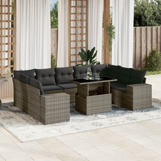 10 pcs conjunto sofás de jardim c/ almofadões vime PE cinzento